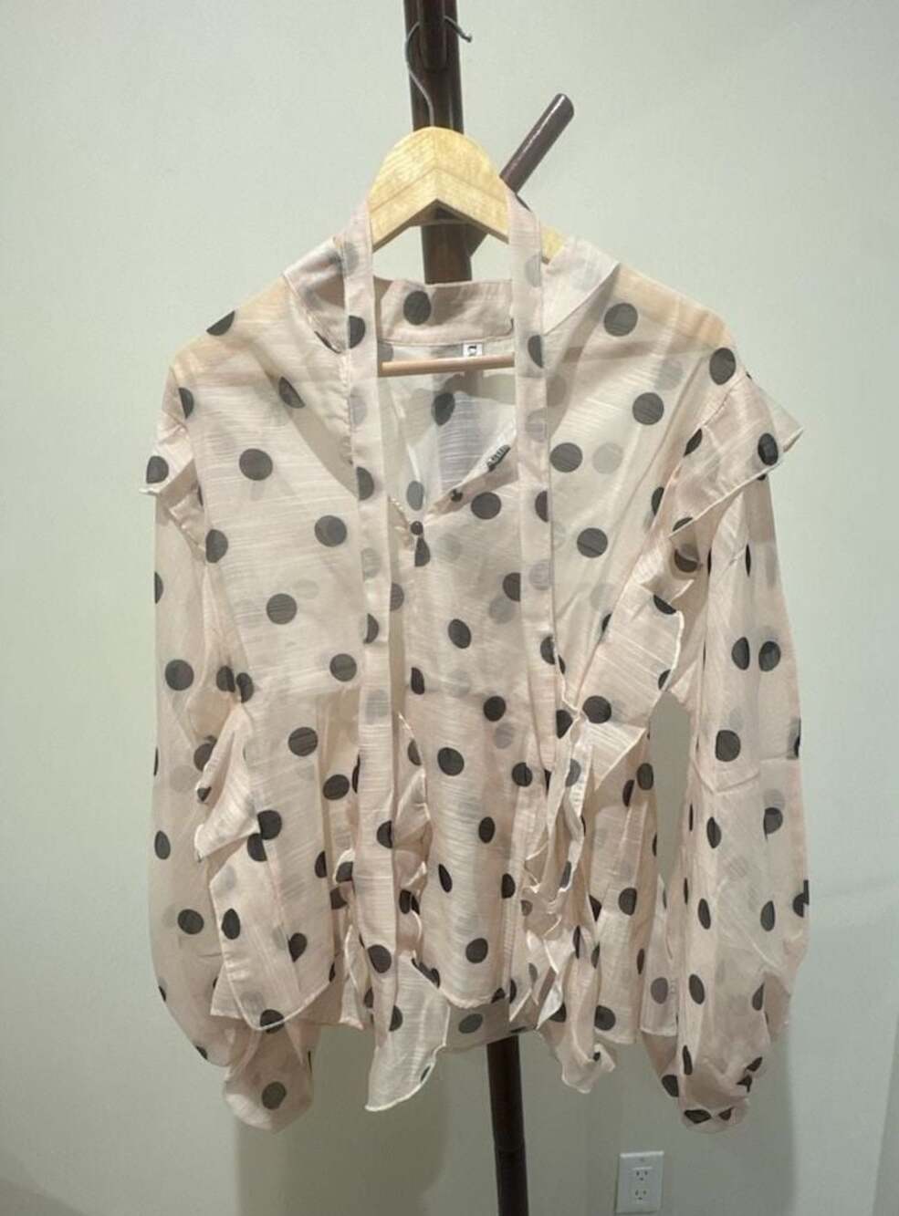 UOC Sheer Polka Dot Ruffle Lantern Sleeve Blouse